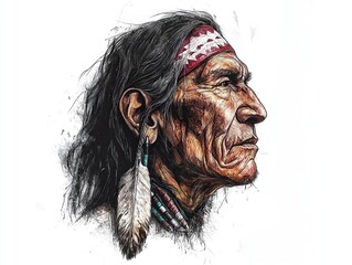 Portrait of a man with a headband and feather earring, rendered with pen and ink detailing the face.
