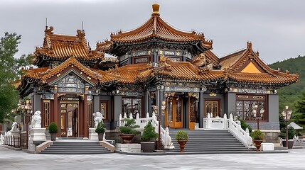 Obraz premium Ornate chinese structure with artistic roof sculptures and vibrant green landscape high resolution image