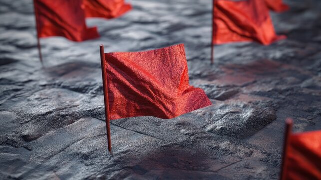 Concept of fraud warning. Small red flags are placed on a textured surface, creating a striking visual with a sense of alertness and concern.