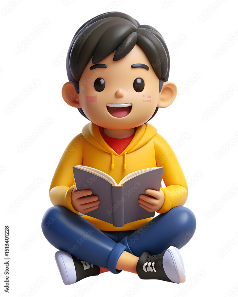 Poster joyful 3d rendering of a cartoon boy enthusiastically reading a book with happy expression, creative