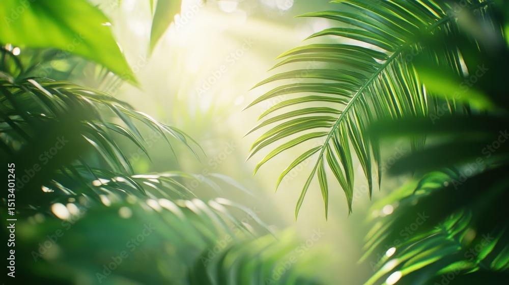 Aufkleber sunlight filters through fresh green leaves, creating a serene and dreamy natural background with bo