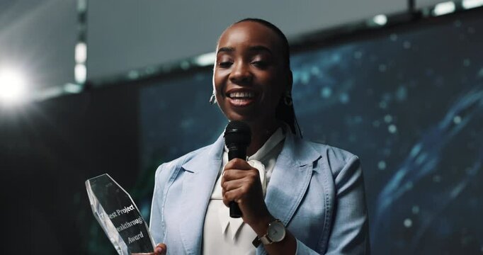 Award, speech and stage with business black woman in conference room for ceremony or prize giving. Presentation, speaker and winner with employee on podium for acceptance, announcement or thank you