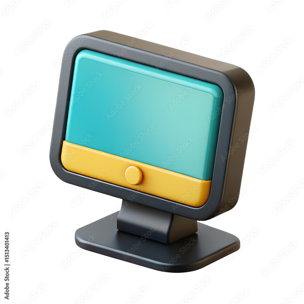 Poster modern 3d rendering of a computer monitor stylized in vibrant blue and yellow hues, presented as a p
