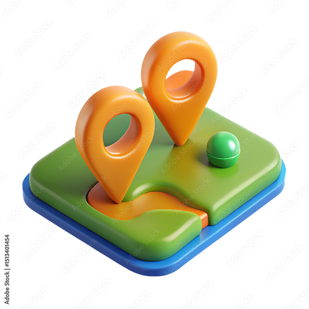 Poster modern 3d rendering of a vibrant location map icon featuring orange location markers on a colorful l