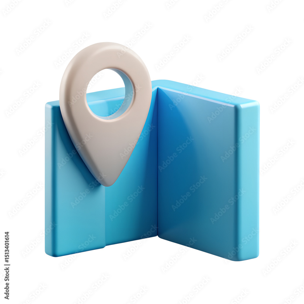 Poster three dimensional 3d rendering of a location pin icon on a blue map design against a white backdrop 