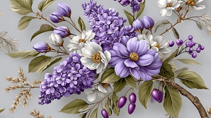 Vintage floral illustration of blooming violet flowers high resolution picture