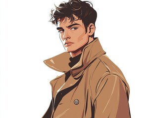 Stylish cartoon man with wavy hair. He is wearing a trench coat and a turtleneck sweater