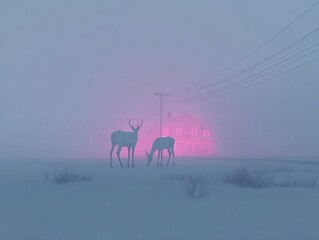 Ethereal Encounter: Deer Grazing in Front of Illuminated House on a foggy day, pink glow, atmospheric.
