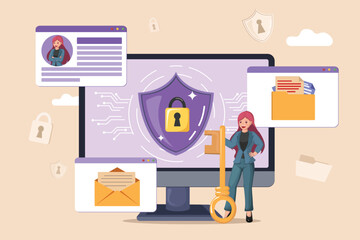 Digital Security: A Businesswoman Holding a Key in Front of a Large Computer Monitor Displaying a Shield and Padlock, Representing Robust Data Protection and Privacy Solutions.