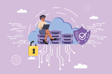 Cloud Data Security: A Confident Woman Securing Information on a Laptop, Illustrating Robust Digital Protection for Databases Stored in the Cloud with Locks and Shields.