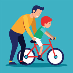 Obraz premium Flat Design Father Teaching Son to Ride a Bike Bright Colors Vector Illustration