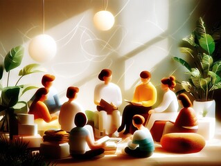 Group Discussion: Diverse people share ideas in a bright, plant-filled room, fostering connection and growth.