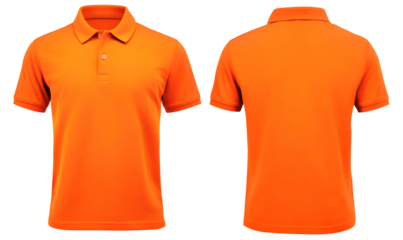 Orange polo shirt, front and back view on black background, clothing fashion
