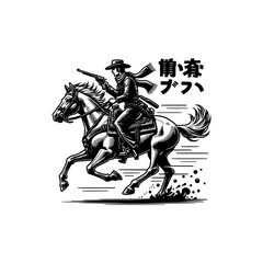 Obraz premium Wild West Cowboy Riding Horse Vector Vintage Western Rodeo Style Black and White Illustration with Hat, Scarf, and Guns