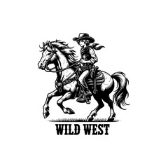 Naklejka premium Wild West Cowboy Riding Horse Vector Vintage Western Rodeo Style Black and White Illustration with Hat, Scarf, and Guns