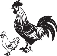 Fototapeta premium Vector-style black and white drawing featuring a rooster and hen, highlighting their silhouettes in a minimalist design