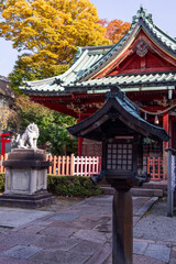 Obraz premium Vertical view of Ozaki Shrine in Kanazawa showing komainu statue, traditional lantern, and green roof under colorful autumn foliage