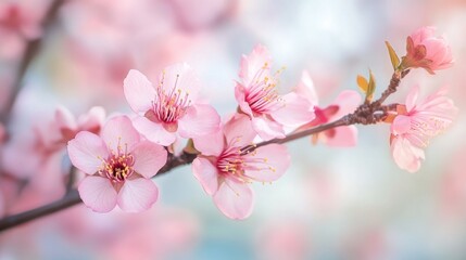 Naklejka premium Watercolor depiction of delicate pink blossoms on a branch.