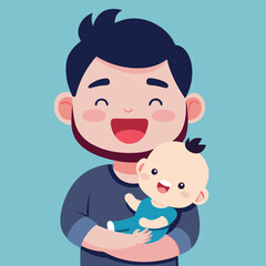 Obraz premium Kawaii Dad with Rosy Cheeks Holding Giggling Baby Vector Illustration