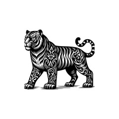 Fototapeta premium Tribal Tiger Vector Illustration Black and White Tattoo Style Animal Art with Ornamental Swirls and Bold Lines