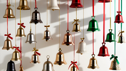 Obraz premium A festive collection of Christmas bells in various styles, isolated on a clean white background