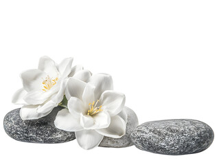Elegant white blossoms on smooth stones against a stark black background