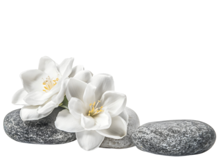 Elegant white blossoms on smooth stones against a stark black background