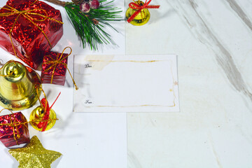 Christmas background with objects, stars, gift boxes with a red and white theme