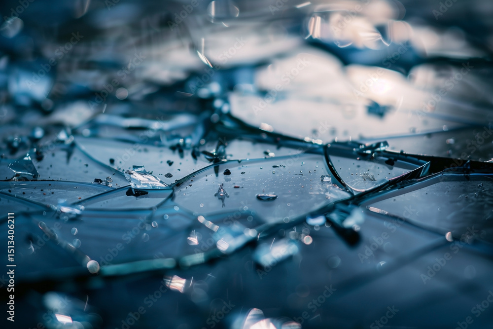 Poster shards of shattered material gleam, creating an abstract composition of fractured light and dark in 