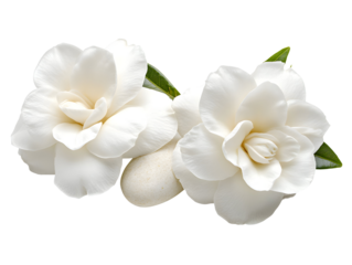 Two elegant white gardenia flowers adorned with leaves on a dark backdrop