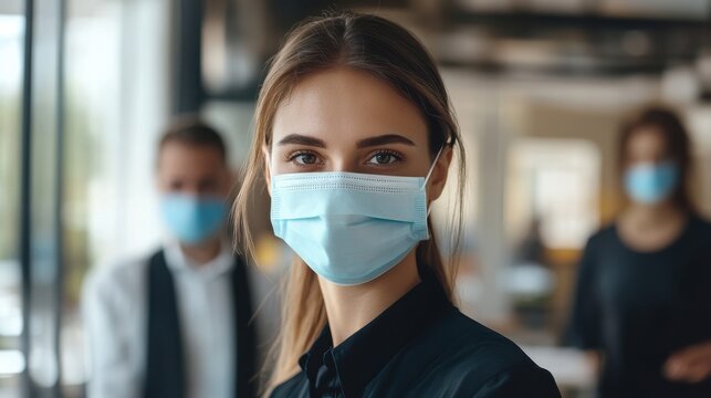 Young businesspeople with face masks working indoors in office, greeting. illustration , no logos, no brands