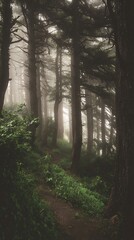 Fototapeta premium Misty Forest Path A Serene Woodland Trail on a Foggy Day.