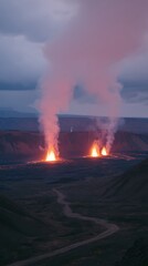 Eruption of Icelandic Volcano at Dusk Fiery Lava Flows and Smoke Plumes.