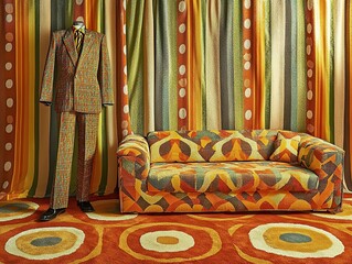 Retro patterns create a vintage scene with a suit, sofa, and groovy rug.