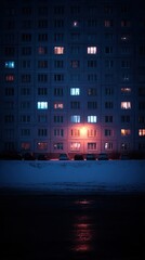 Apartment building glows with life, light piercing through the winter night. Urban life in winter.