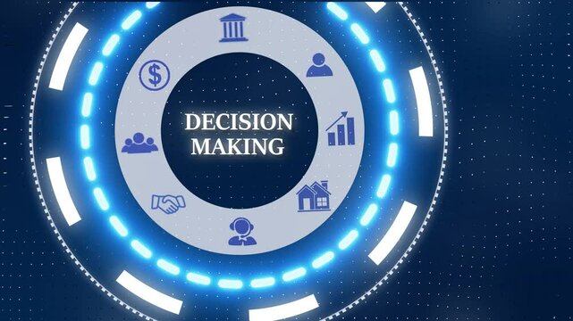 A Decision Making button on a clear projection ,Blue wave digital data flow. Seamless loop technology network background concept . Futuristic digital technology animated background concept.