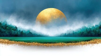 deep emerald green background with soft gold mist and swirling abstract motion-