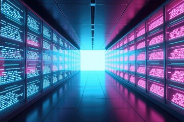 Fototapeta premium Neon Data Center Corridor Futuristic Server Room with Pink Blue Lighting