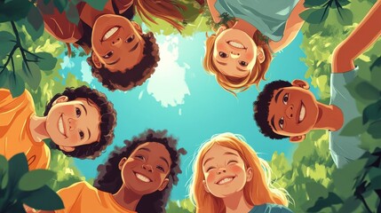 Portrait of happy kids in circle looking down and embracing. Group of five multiethnic friends outdoor looking at camera and smiling. Closeup face of children looking at camera together at park. illu