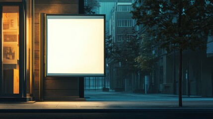 Fototapeta premium Blank billboard in showcase on evening street, mock up illustration , no logos, no brands