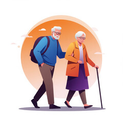 Elderly couple hiking on a trail with scenic background  