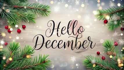 Happy December background. Hello Winter season. Cartoon illustration Template for Poster, Banner, Greeting, Card, Flyer, Cover, Sale, Promotion. Snowfall, Snowy weather. Welcome December design - Powered by Adobe