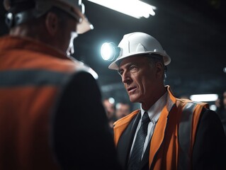 Serious manager in a hard hat consulting with a worker. Both wear safety gear and work in a mine.
