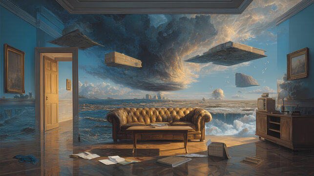 magazine visual on subconscious | ego multiplicity | lucid paranoia | gold ochre and midnight blue | recursive frame composition | levitating objects | precision surreal anatomy | symbolic shadow