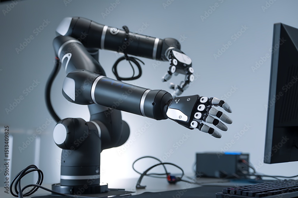 Aufkleber robotic arm working with computer, showcasing automation and artificial intelligence in a modern wor
