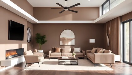 Modern interior design with Pantone 2025 Colour of the Year Mocha Mousse. Brown walls, accent colors of furniture and a well seasoned room.