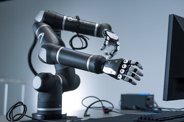 Obraz premium Robotic arm working with computer, showcasing automation and artificial intelligence in a modern workspace