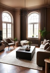 Modern interior design with Pantone 2025 Colour of the Year Mocha Mousse. Brown walls, accent colors of furniture and a well seasoned room.