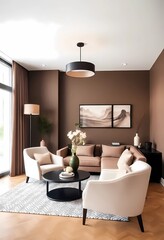 Modern interior design with Pantone 2025 Colour of the Year Mocha Mousse. Brown walls, accent colors of furniture and a well seasoned room.