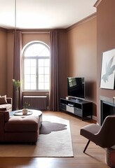 Modern interior design with Pantone 2025 Colour of the Year Mocha Mousse. Brown walls, accent colors of furniture and a well seasoned room.